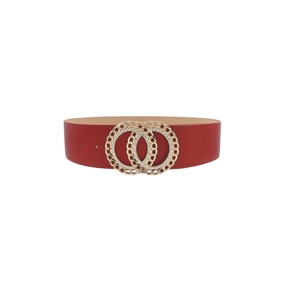 Double Circle Chain And Rhinestone Trim Design Belt-WINE